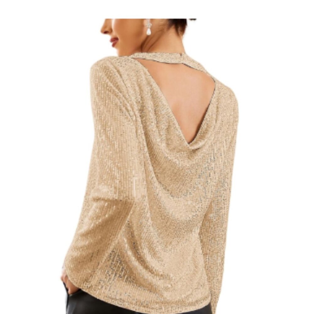 NWT~ GRACE KARIN Sequin Long Sleeve Sparkly Draped Back Blouse Rose Gold Size M